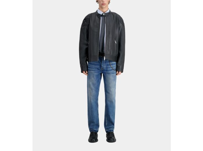 Blouson En Cuir Noir Avec Détails Matelassés