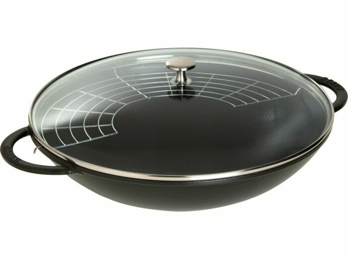 Wok 37 cm Noir mat 1er choix ,couvercle en verre