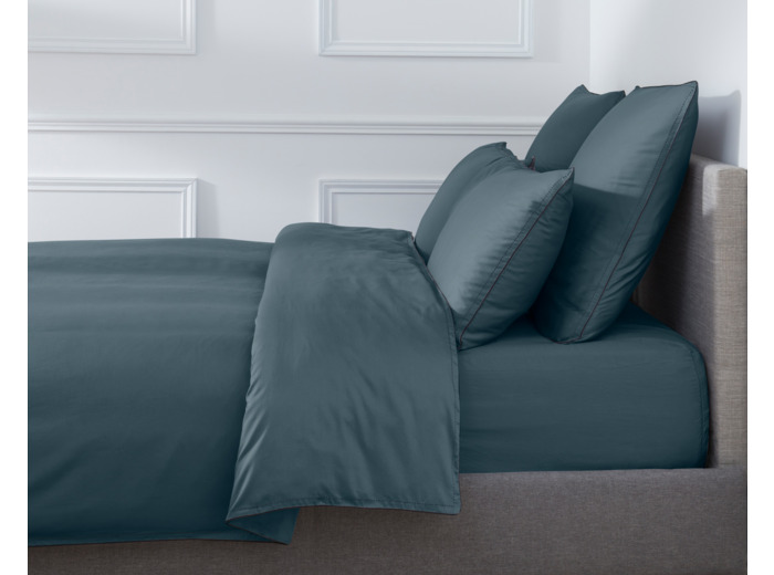 HOUSSE DE COUETTE | Pure White Satin Lavé - Midnight blue - Finition Black