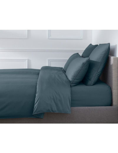 HOUSSE DE COUETTE | Pure White Satin Lavé - Midnight blue - Finition Black