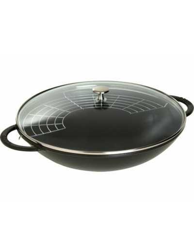 Wok 37 cm Noir mat 1er choix ,couvercle en verre