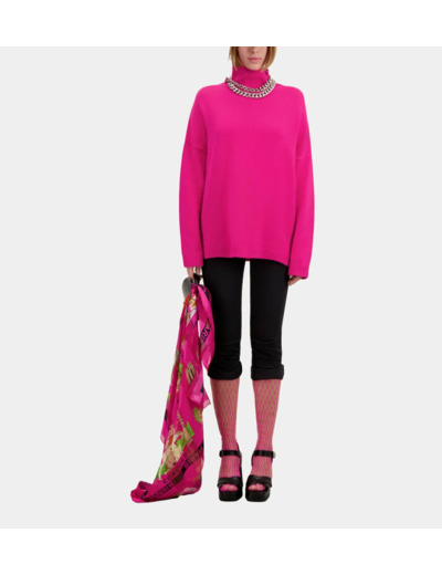 Pull En Cachemire Col Cheminee Et Broderie fushia