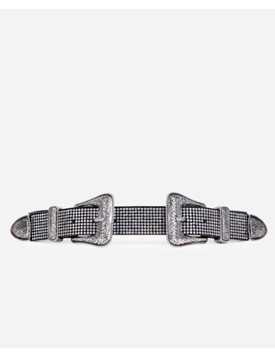 Ceinture En Cuir Avec Strass Et Double Boucle Western antic silver